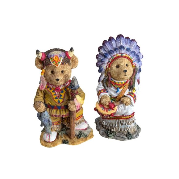 Native American-Inspired Bear Figurines Set Hand-Painted Resin Tribal Outfit Det - Picture 1 of 7